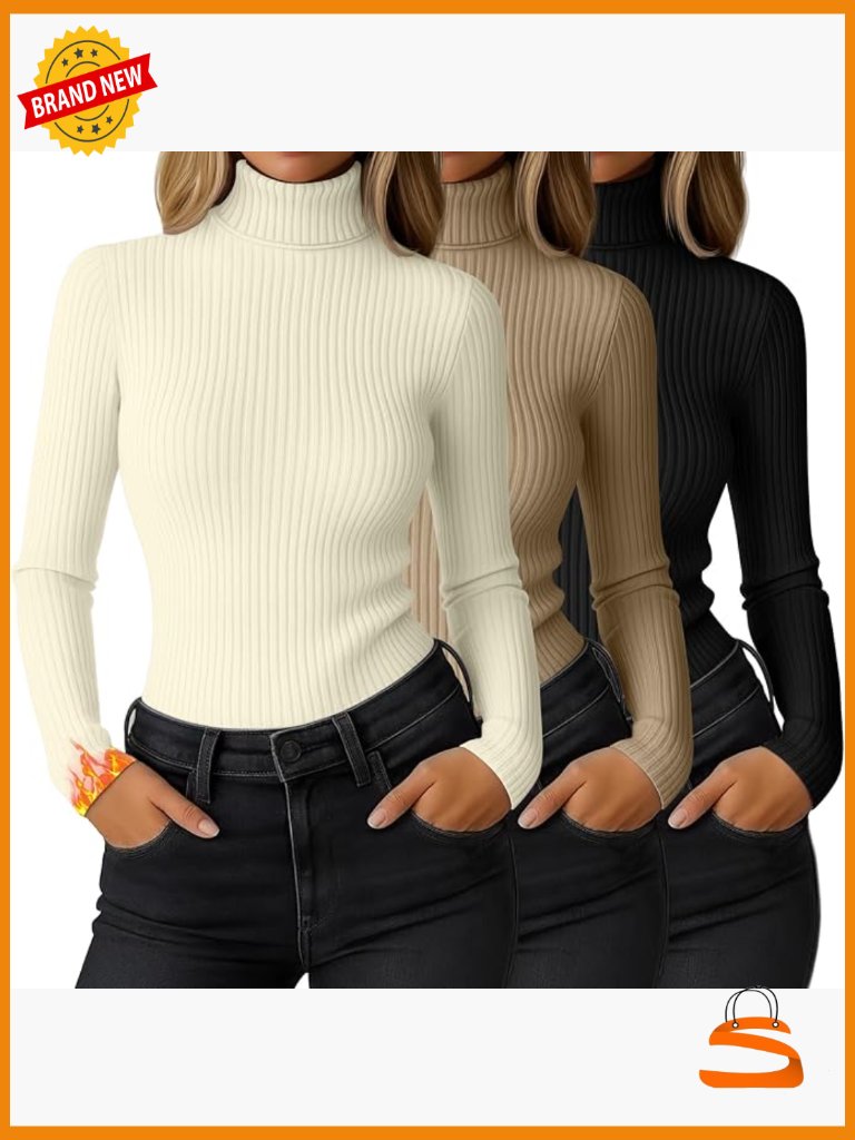3 Pack Women's Ribbed Thermal Turtleneck Tops Long Sleeve Fitted Base Layer